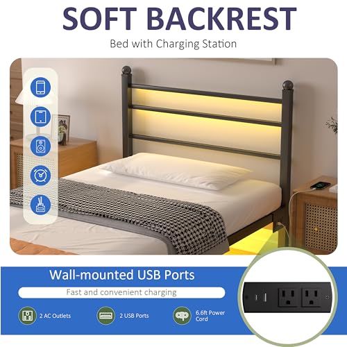 J.Fkne Twin Bed Frame with LED Lights & Charging Station, Metal Platform Bed with Headboard, Heavy Duty Metal Slats, No Box Spring Needed, Noise Free, Easy Assembly, Black - size: Twin, style: Classic Black