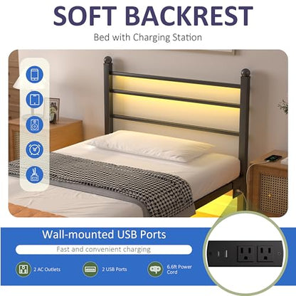 J.Fkne Twin Bed Frame with LED Lights & Charging Station, Metal Platform Bed with Headboard, Heavy Duty Metal Slats, No Box Spring Needed, Noise Free, Easy Assembly, Black - size: Twin, style: Classic Black