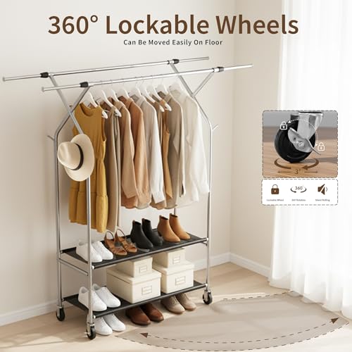 HAPPY CHEERS Heavy Duty Clothes Rack,Double Rods Clothing Rack for Hanging Clothes,Rolling Clothing Racks with Wheels,Metal Garment Rack for Bedroom Laundry Living Room,Silver | Double Rods Clothing Rack for Hanging Clothes, Rolling Clothing Racks with Wh