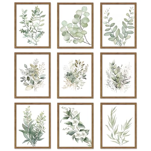 Sage Green Wall Art Set 9, Modern Watercolor Botanical Poster Prints, Unframed Eucalyptus Leaf and Minimalist Floral Picture Wall Decor for Bedroom, Bathroom and Office, 8x10 inch - color: Sage Flowers, size: 10L" x 8W"