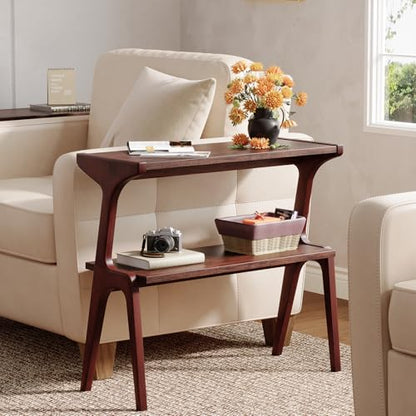 Solid Wood End Table | 2-Tier Side Table with Storage Shelf, Slim Table for Sofa, Living Room, Bedroom, Small Space, Easy Assembly, Burgundy - color: Burgundy