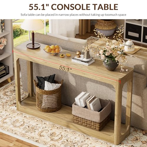 55.1" Console Table, Entryway Sofa Table for Hallway, Natural | Engineered wood, Slim console table, curved legs, 2-tier storage, entryway hallway sofa living room - color: Natural