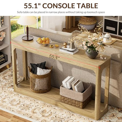 55.1" Console Table, Entryway Sofa Table for Hallway, Natural | Engineered wood, Slim console table, curved legs, 2-tier storage, entryway hallway sofa living room - color: Natural