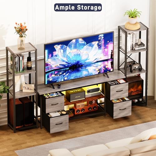 Yenlure LED TV Stand Bookshelf Combo with Charging Station for 65 60 55 Inch TV, Entertainment Center with Lights & Drawers, Industrial Media TV Console Table for Living Room Bedroom Office, Greige - color: Greige
