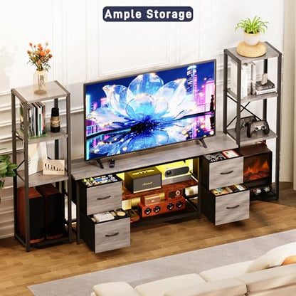 Yenlure LED TV Stand Bookshelf Combo with Charging Station for 65 60 55 Inch TV, Entertainment Center with Lights & Drawers, Industrial Media TV Console Table for Living Room Bedroom Office, Greige - color: Greige