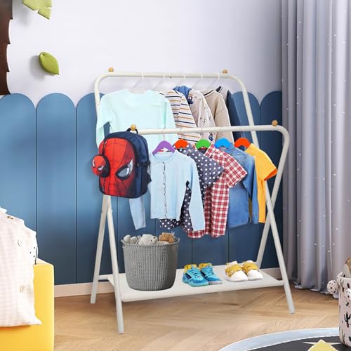 Kids Clothing Rack 2 Rods, Dress Up Storage for Little Girls with Bottom Storage Shelf, Cute Toddler Wardrobe Cloest Garment for Hanging Coat, Dance Costume, Dresses, Clothes in Bedroom, White - color: White-2 Rods