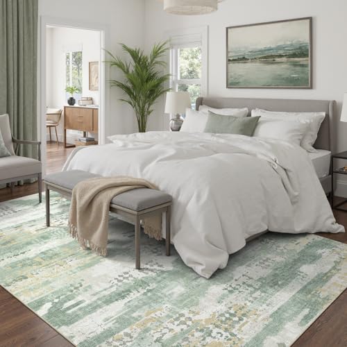 DCX Washable Abstract Area Rug 6x9, Non Slip Low Pile Rug, Sage Green | Easy to clean, non-shedding, soft, kid & pet friendly, with a non-slip rubber backing for living rooms, bedrooms, and offices - color: Green & White, size: 6' x 9' (Rectangular)