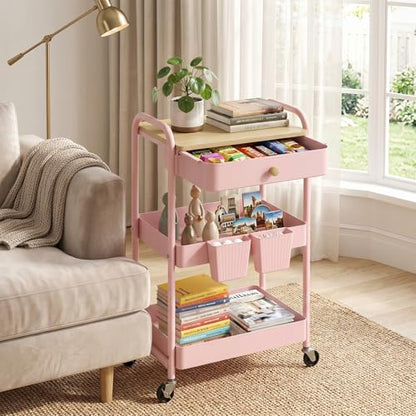 Rolling Cart with Drawers, Storage Cartwith Locked Wheels, Hooks & Hanging Cups for Any Room, Pink - color: Pink