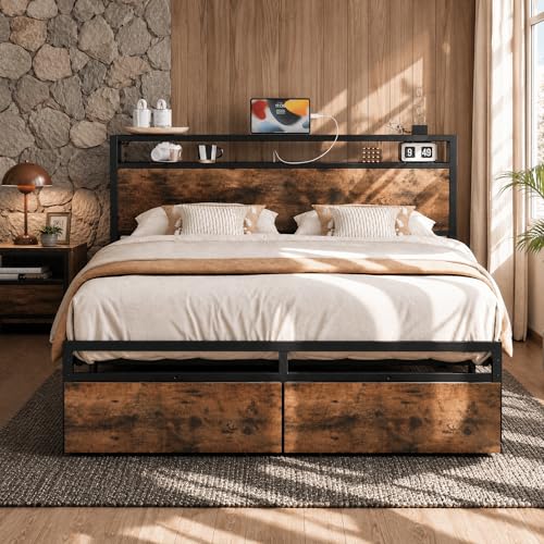 LIKIMIO Queen Bed Frame with Headboard, 2 Drawers and Charging Station - color: Vintage Brown, size: Queen