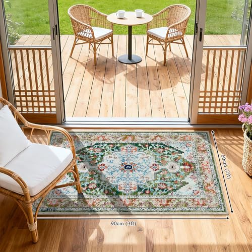 U'Artlines 2'x3' Boho Hallway Runner Rug Non Slip Washable Runners,Green | Vintage Farmhouse Kitchen Rug Accent Area Carpet for Entryway Laundry and Living Room - color: Green, size: 2 x 3 ft (Runner)