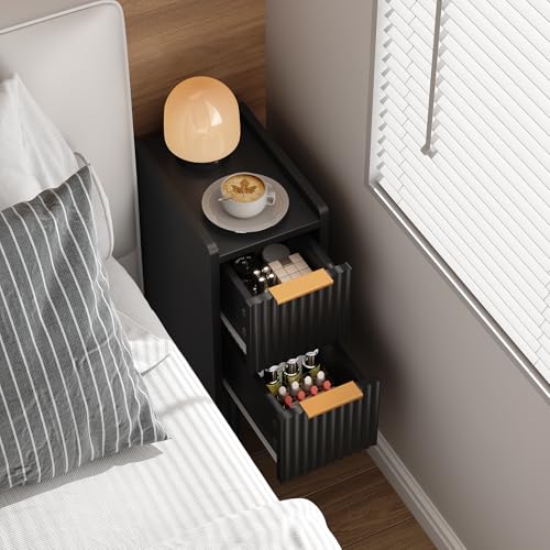 ELYKEN 7.9" Fluted Narrow Nightstand, 20.6" H Skinny Side Table, Black | Compact Design for Small Spaces, 2 Drawers, Modern Black Finish, Perfect as Bedside Table, End Table or Sofa Side Table - color: Black-1 Pcs