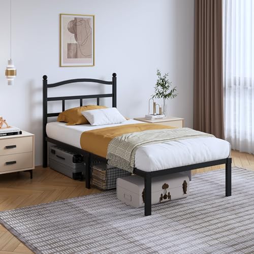 SHOANED 14 Inch Metal Bed Frame - Twin Size Heavy Duty Bedframe with Headboard Black Basic Steel Slats Platform No Box Spring Needed/Easy Assembly/Noise Free - size: Twin, style: 14 Inch with Headboard
