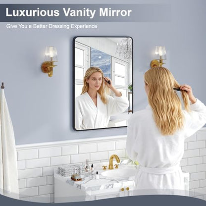 Krymnar 30"x22" Bathroom Vanity Mirror Over Sink, Black Rectangular Aluminum Frame with Rounded Corner(Small-Radius), HD Shatterproof Glass & Rust-Proof Wall Mirror for Bedroom, Living Room, Entryway - size: 30"L x 22"W