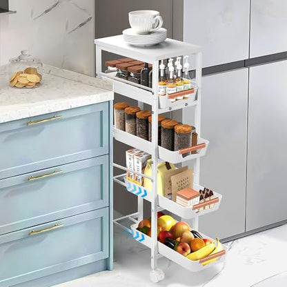 Slim Storage Cart, 5-Tier Narrow Rolling Kitchen Laundry Room Cart with Drawer and Wheels, Metal Utility Cart Slide Out Organizer for Small Spaces (White) - style: 5 Tiers-White