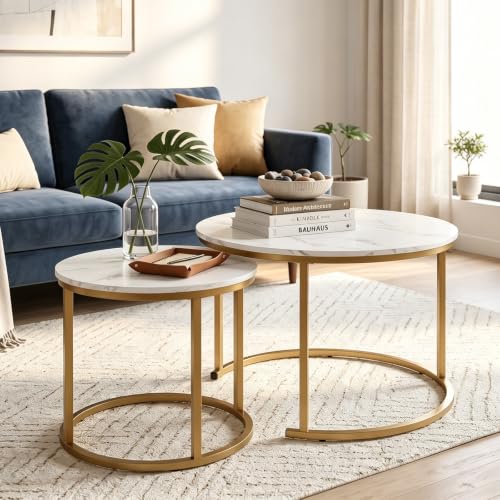 aboxoo Nesting Coffee Table Round Tables for Living Room,Faux Marble Round Accent Table with Gold Metal Frame,Modern Stackable End Table for Living Room Bedroom Small Space - color: White Marble & Gold