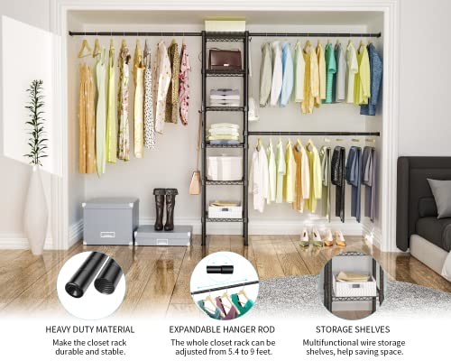 M1 Closet Storage Organizer System, 6 Tiers Heavy Duty Metal Clothing Garment Rack with 3 Expandable Hanger Rods, Wall Mounted Space Saver Suits from 3.3-8.7 ft. Width, 71.2”H x 14”D, Black - color: Black