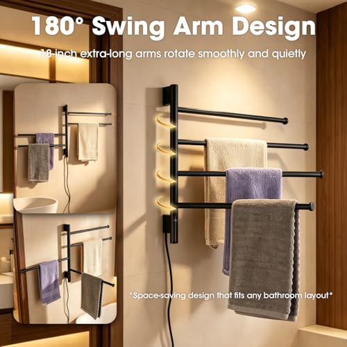 TRUSTMI 4-Swing Electric Towel Warmer with Timer, Matte Black | Rust-proof 304 SS warmer with carbon fiber heat, LED touch 24H timer, and 4 swing arms. Keeps bathroom towels dry - color: Matte Black