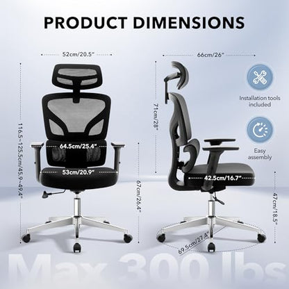 Ergonomic Office Chair Mesh – Adjustable Lumbar 3D Armrests High-Back Desk | Breathable Mesh Backrest; Seat Height & Tilt-Angle Adjustment; Smooth-Rolling Casters; Easy To Assembly, For Home, Office - color: Black-d1