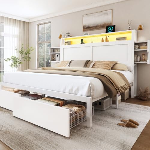 Queen Size Wooden Bed Frame with Storage Drawer and LED Headboard | 2-Tier Hidden Storage, White Finish, Ergonomic Headboard, Charging Station, No Box Spring Needed, Easy Assembly - color: White, size: Queen (U.S. Standard)