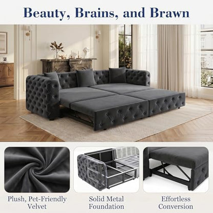 89" 4-Seater Queen Size Pull Out Sofa Bed with 3 Pillows, Gray | 4-Seater Classic Velvet Sofa with Tufted Design,3 Pillows,89" Extra Large 3-in-1 Pull Out Sofa - color: Q-dark Gray-w02