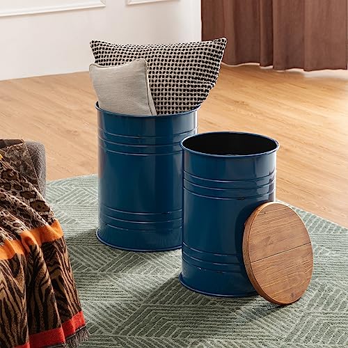 Glitzhome Rustic Storage Ottoman Seat Stool, Farmhouse Nesting End Table, Galvanized Barrel Metal Accent Side Table Toy Box Bin with Round Wood Lid for Living Room, Set of 2, Navy Blue - color: Navy Blue