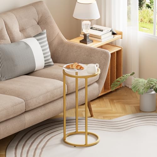 Easy Paws C Table Side End Table, Small Round Couch Sofa Tray Snack Table for Living Room, Bedroom,Accent Coffee Table,TV Tray Table for Small Space, Nightstand with Metal Frame(Gold) - color: Gold