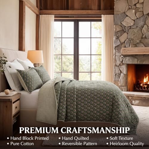 Block Print Reversible Cozy Quilt Basil Green Twin 60" X 90" Lightweight Blanket for Sofa, Couch, Bed Soft Breathable Comforter Handmade Bedspread Duvet for Farmhouse, Home, Winter - color: Basil Green, size: Twin 60" X 90"