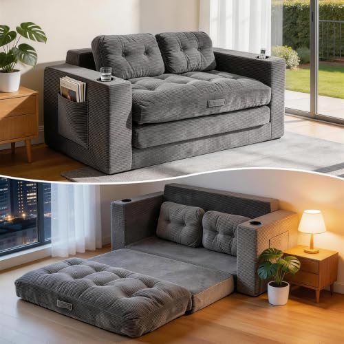 Loveseat Sleeper Sofa Bed, Boneless Convertible Corduroy Pull Out Couch with Cup Holders and 2 Pillows, Space Saving Sofa Bed for Small Spaces, Living Room, Bedroom (Grey) - color: Dark Grey, size: Loveseats