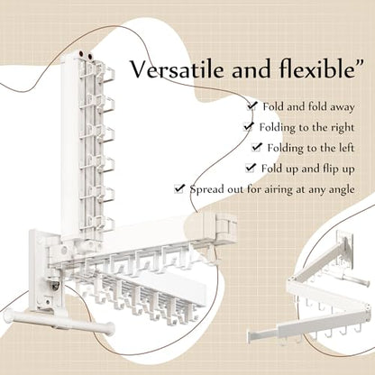 Wall Mounted Collapsible Clothes Drying Rack, Space-Saving Laundry Drying Rack Clothing Hanger, Durable Foldable Design Extends Left, Right & Up for Upgraded Versatility - style: Upgrde-White Hooks