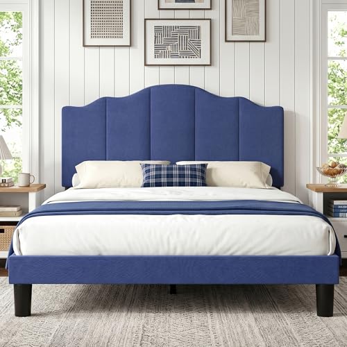 VECELO Twin Size Upholstered Platform Bed Frame with Adjustable Headboard, Wood Slat Support and Noise-Free, No Box Spring Needed, Easy Assembly, Dark&Blue - color: Dark&blue, size: Twin, style: Bed Frame