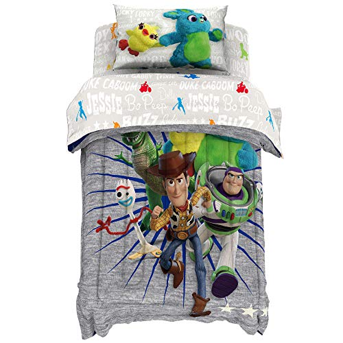 Disney Pixar Toy Story Twin Comforter Set 5 Piece Kids Bedding, Gray | Woody Buzz Jessie, Comforter Sheets Sham Pillowcase, Official Brand, Soft Microfiber, Machine Washable, Kids Gift