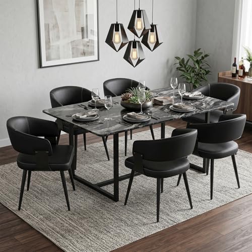Dining Chairs Set of 6, Modern Upholstered Faux Leather Kitchen Chairs with Curved Back, Easy to Assemble & Clean for Dining Room, Restaurant, Cafe, Black - color: Black, size: Set of 6