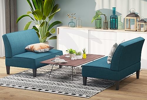Small Loveseat, Blue Mini Sofa Couch Accent Upholstered Bench with Back Living Room Bedroom Office Armless Love Seat Settee - color: Blue