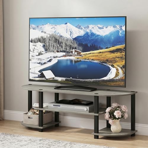 3-Tier Entertainment Center for TV up to 55 Inch, TV Console with RounDecorner and Open Shelves, TV Stand, for Bedroom, Living Room, French Oak - color: French Oak/Black, size: Fit TV up to 55 in