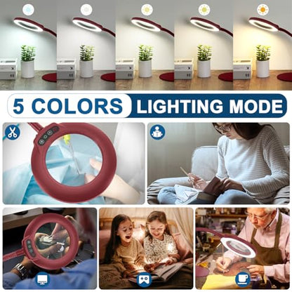 IVMAIE 12X Magnifying Glass with Light, Real Glass Lens, 5 Color Modes Dimmable, Flexible Gooseneck Lighted Magnifier with Stand, LED Desk Lamp Hands Free for Crafts Painting Reading Close Work, Red - color: Red