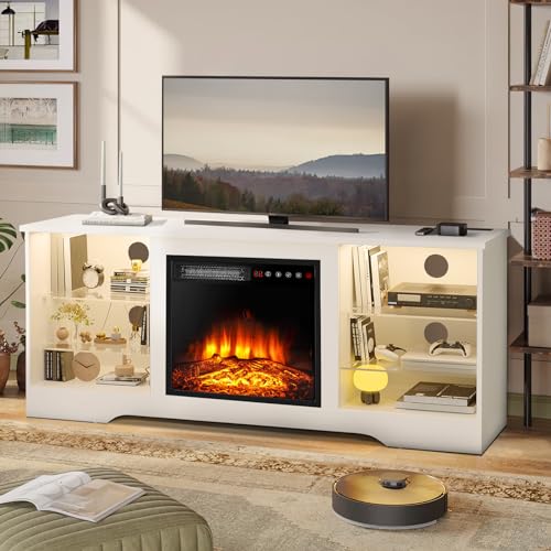Fireplace TV Stand for up to 65 Inch TVs, Space-Saving LED Modern Entertainment Center for Small Apartments with Built-in 18" Electric Fireplace Heater & Adjustable Glass Shelves, White - color: White, size: 58"