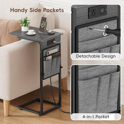 C Shaped End Table with Charging Station, C Table End Table Adjustable Height, Small Side Table for Couch, Sofa Table Slide Under Couch TV Tray Arm Table for Living Room, Bedroom, Gray Walnut - color: Gray Walnut, style: With Plug