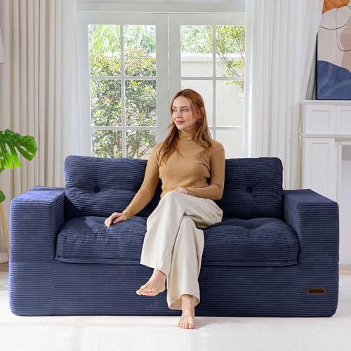 MAXYOYO 63" Boneless Sofa Couch, 2-Seater Cloud Couch Floor Loveseat for Small Space with Pillows, Tufted Floor Sofa with Layered Cushion for Apartment & Lounge, No Assembly Required, Navy - color: Puffinest Style Navy, size: 63" Loveseat
