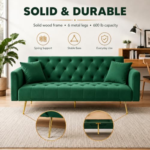 72"Modern Velvet Sofa Bed Futon,Convertible Folding Sleeper Bed Couches with 3 Adjustable Backrests,Tufted Recliner Love Seat with Golden Chrome Legs for Living Room Apartment Office (Green+pillows) - color: Green+pillows