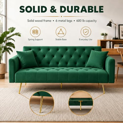 72"Modern Velvet Sofa Bed Futon,Convertible Folding Sleeper Bed Couches with 3 Adjustable Backrests,Tufted Recliner Love Seat with Golden Chrome Legs for Living Room Apartment Office (Green+pillows) - color: Green+pillows