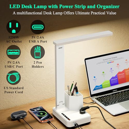 LED Desk Lamp USB A/C AC Pen Holder Dorm Home Office Desk Light White | Adjustable LED Desk Light with USB A/C, AC Outlet, Pen Holder; Small Desk Lamp for Dorm, Study, Craft & Home Office - color: White