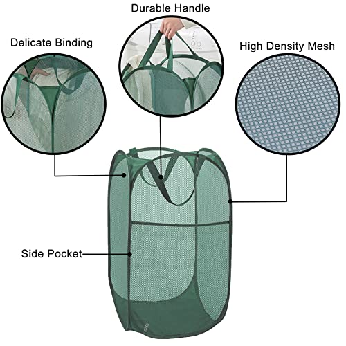Pop Up Laundry Hamper Thick Mesh Collapsible Laundry Baskets, Large Side Pocket, Strong Handles, Travel Friendly for Cruise, RV (Green+Pink) - color: Green+Pink