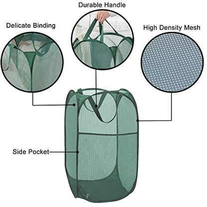 Pop Up Laundry Hamper Thick Mesh Collapsible Laundry Baskets, Large Side Pocket, Strong Handles, Travel Friendly for Cruise, RV (Green+Pink) - color: Green+Pink