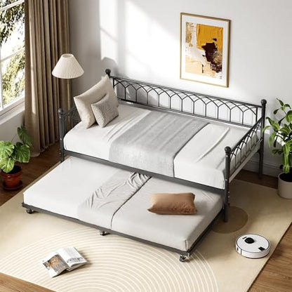 IDEALHOUSE Twin Size Metal Roll Out Trundle Bed Frame with Wheels and Slats Support, Black | Pull-Out Trundle, Space-Saving, Metal Frame, Living Room, Bedroom, Apartment - color: Modern Black, size: Twin Roll-Out Trundle