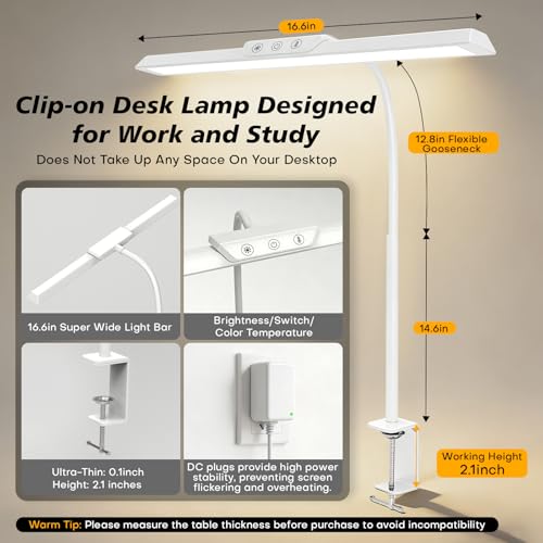 LED Desk Lamp for Office Home, Stepless Dimming Architect Desk Light with DC Adapter, Eye-Caring Desk Lamp with Clamp, 25 Lighting Modes Adjustable 12.8in Flexible Gooseneck for Workbench(White) - color: White