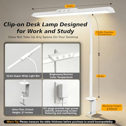LED Desk Lamp for Office Home, Stepless Dimming Architect Desk Light with DC Adapter, Eye-Caring Desk Lamp with Clamp, 25 Lighting Modes Adjustable 12.8in Flexible Gooseneck for Workbench(White) - color: White