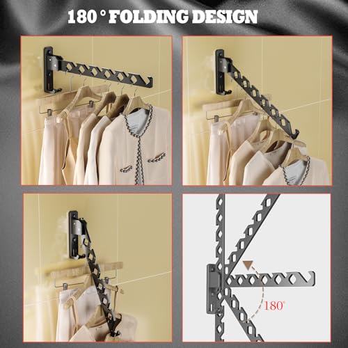 Dr.DJ Wall Mount Coat Hanger Holder Black Clothes Drying Organizer Rack Garment Hooks Aluminium Retractable Folding Indoor Wall Mounted Hanger for Laundry Room Bedroom Black 2Pack with 80cm Rod - color: Black 2racks+rod