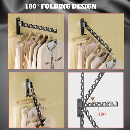 Dr.DJ Wall Mount Coat Hanger Holder Black Clothes Drying Organizer Rack Garment Hooks Aluminium Retractable Folding Indoor Wall Mounted Hanger for Laundry Room Bedroom Black 2Pack with 80cm Rod - color: Black 2racks+rod