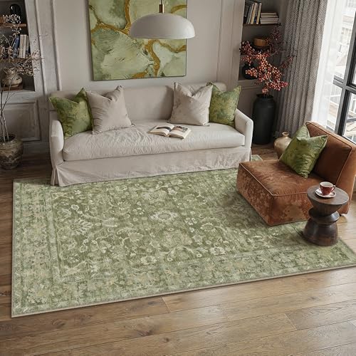 5x7 Green Neutral Area Rug | Washable, Non Slip, Low Pile, Soft, Vintage, Distressed, Floral, Farmhouse, for Living Room Bedroom Dining Room Office - color: Green, size: 5' x 7' (Rectangular)
