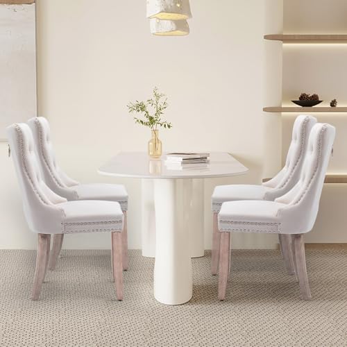 Velvet Upholstered Dining Chairs Set of 4, Modern Style Kitchen Side Chairs with Nailhead Trim and Wood Legs, Metal Pulling Ring for Dining Room Living Room, Beige - color: Beige, size: Set of 4